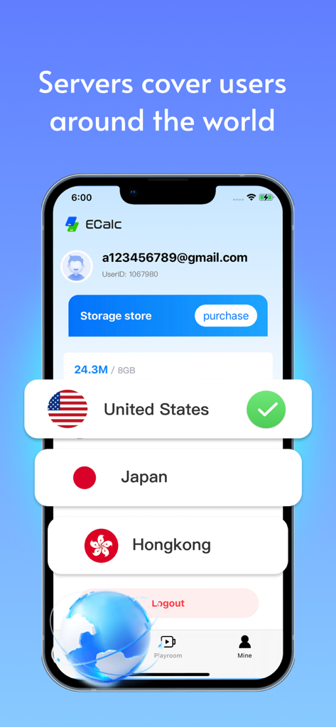 Ecalc Cloud - Tela do aplicativo Ecalc Cloud mostrando seleção de servidor global para usuários de telefone virtual