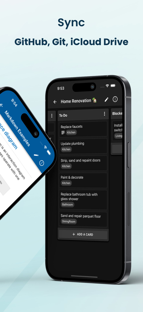 NotesHub app interface displaying a Kanban board in dark mode with cloud sync options