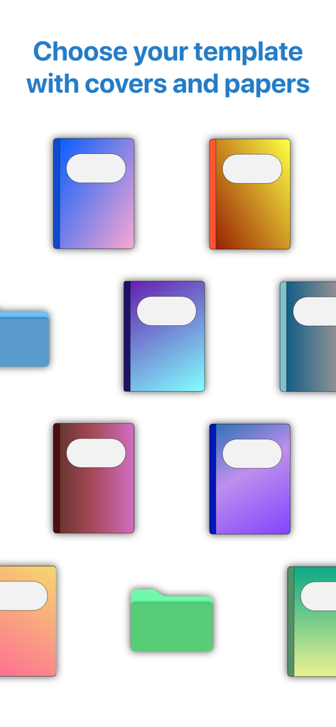 A variety of colorful digital notebook covers and organization folders for personalizing notes.
