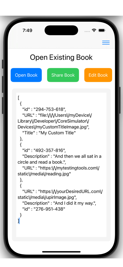 My Book Pro - A screenshot of the My Book Pro app interface showing the Open Existing Book screen with management buttons and raw book data.