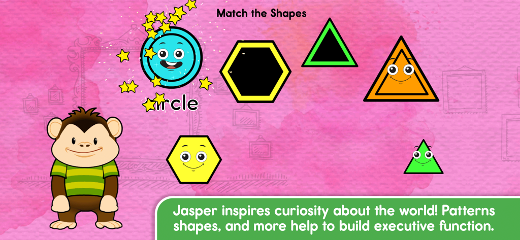 Monkey Preschool Learning - Jasper el mono guiando un juego de emparejamiento de formas para preescolares.