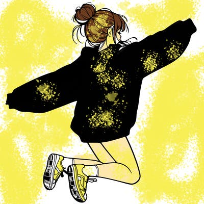 realistic girl jumping with a bun and oversized sweatshirt
