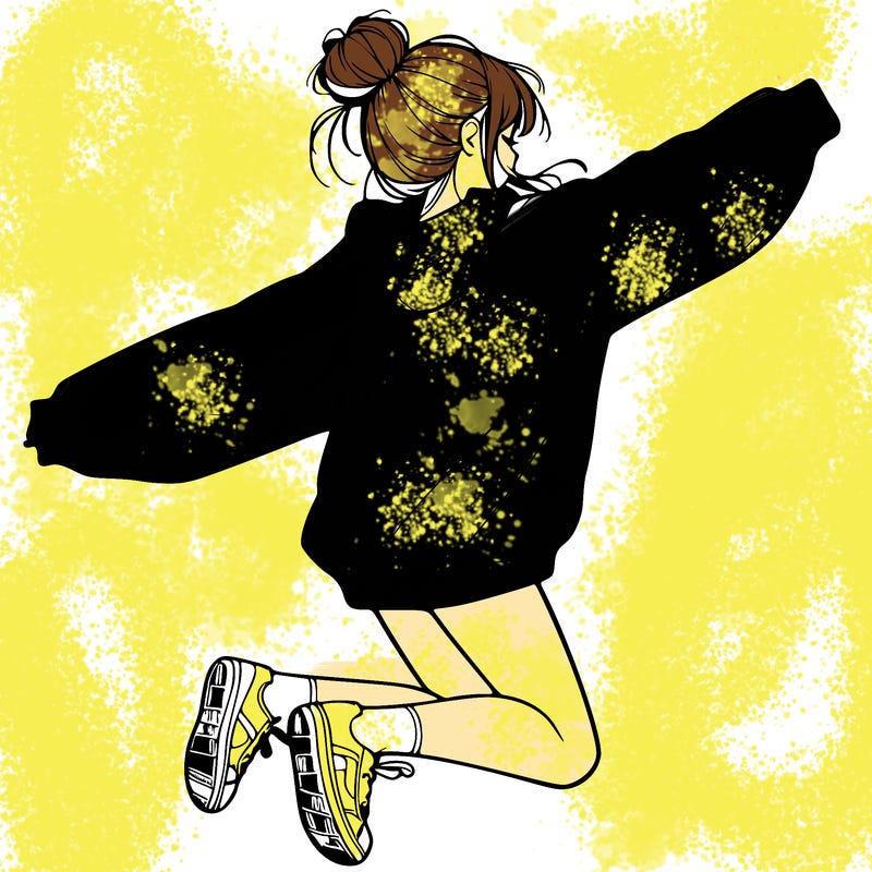 realistic girl jumping with a bun and oversized sweatshirt