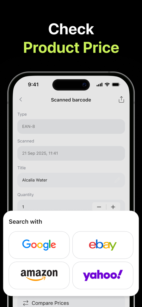 Barcode & QR Code: Scanner App - Interfaz de la aplicación móvil que muestra los detalles del código de barras escaneado de un producto con opciones para buscar precios en Google eBay Amazon y Yahoo