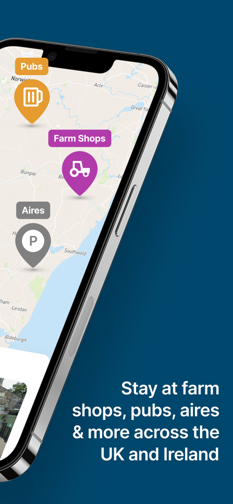 Brit Stops - A smartphone screen showing the Brit Stops app map with pins for pubs and farm shops
