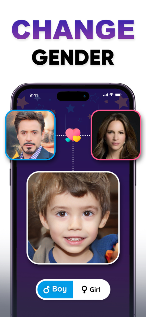 Pantalla de smartphone que muestra la app AI Baby Maker generando el rostro de un niño con un interruptor para cambiar el género entre niño y niña.