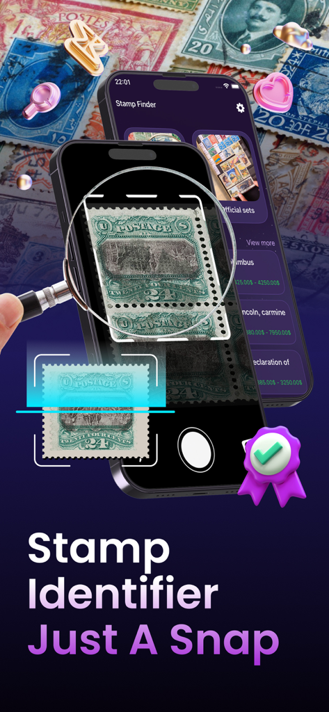 A smartphone scanning a vintage postage stamp using the Stamp Identifier mobile application