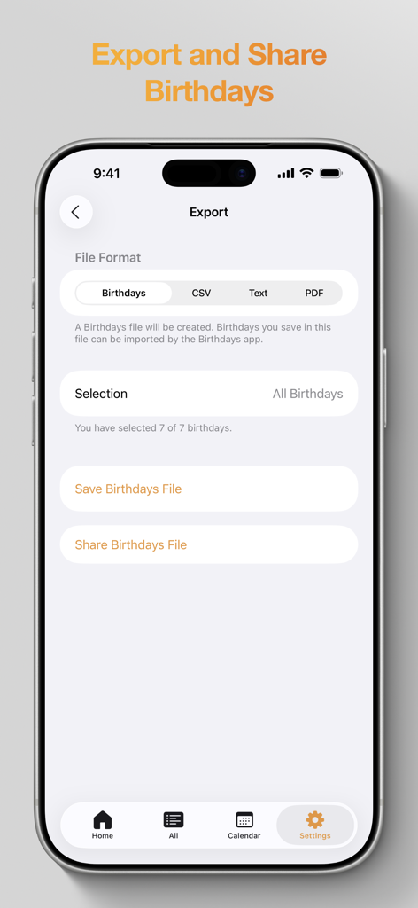 Birthdays: Birthday App - The export screen of the Birthdays app showing options to save and share birthday lists as CSV or PDF files