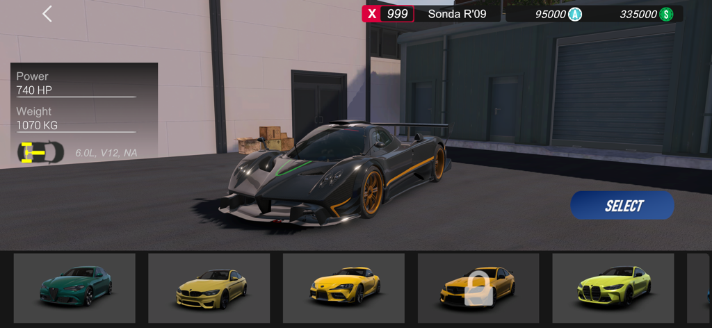 Apex Racing - Car selection screen in Apex Racing featuring a Sonda R 09 with technical performance stats and a vehicle carousel.