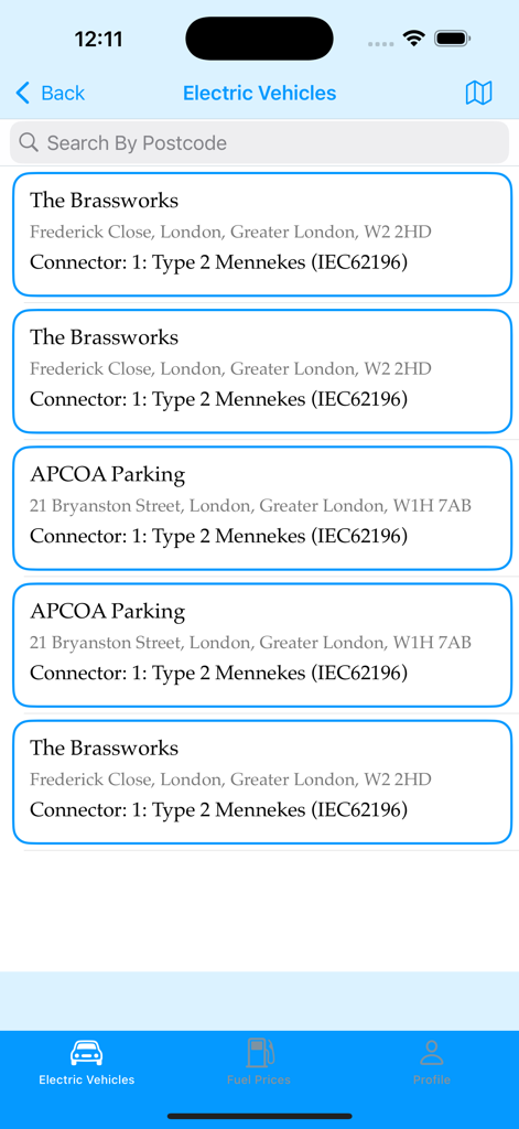 Cheap Fuel UK - A list of electric vehicle charging stations in London with postcode search functionality on the Cheap Fuel UK app.