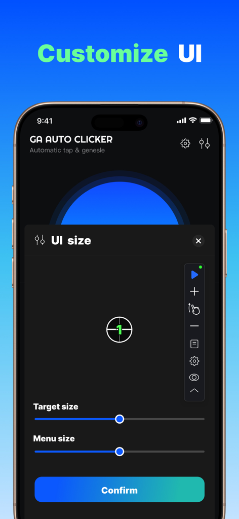 GA Auto Clicker app interface for customizing target and menu UI size with adjustable sliders