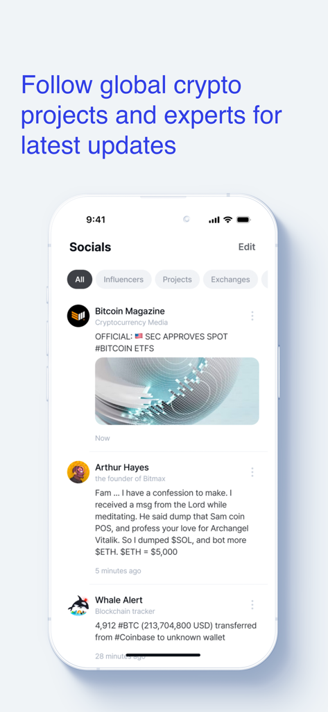 코인니스 앱의 소셜 피드는 암호화폐 전문가 및 프로젝트의 업데이트를 보여줍니다.