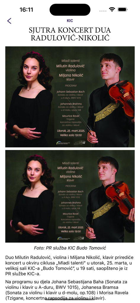 News article about a classical music concert by a violin and piano duo in Montenegro