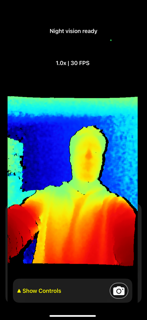 Night Eyes Vision - A thermal style LiDAR depth map of a person in the Night Eyes Vision app