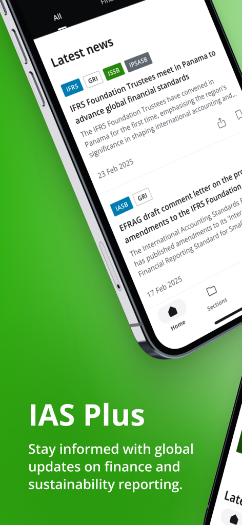 Interfaz de la aplicación móvil IAS Plus que muestra titulares de noticias sobre finanzas y reportes de sostenibilidad