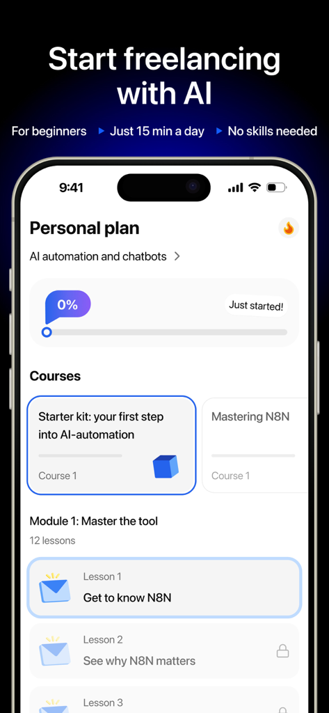 Jobescape app interface showing a personal plan and curriculum for learning AI automation and chatbots