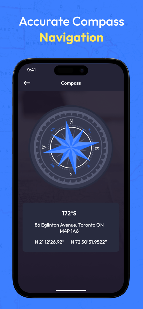 Street View Map- Live Earth 3D - A mobile app interface showing a digital compass with geographic coordinates and address information