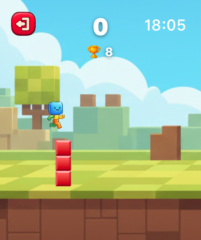 Block Blast Watch Games - Block Runner gameplay showing a blue character jumping over red blocks