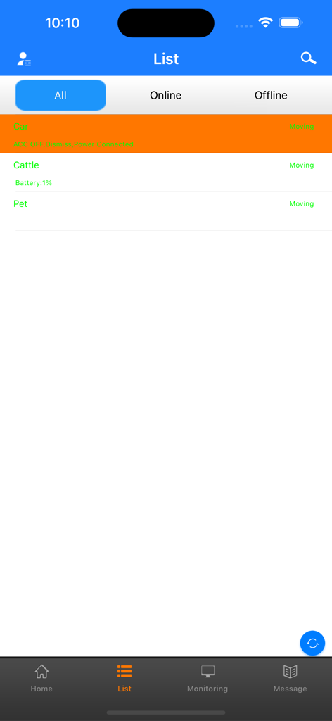 Interfaz que muestra una lista de activos rastreados, incluyendo un automóvil, ganado y una mascota con indicadores de estado