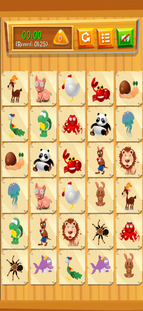 Memory Cartoon - Animals - A grid of 30 cartoon animal cards including pandas crabs and lions in a memory matching game