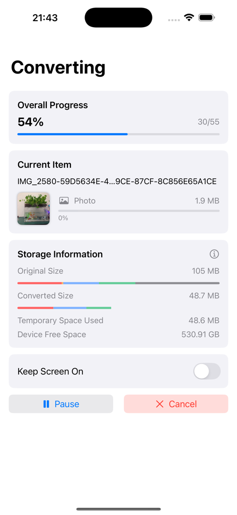 HEIF & HEVC Converter - HEIF and HEVC conversion screen showing progress and storage savings comparison