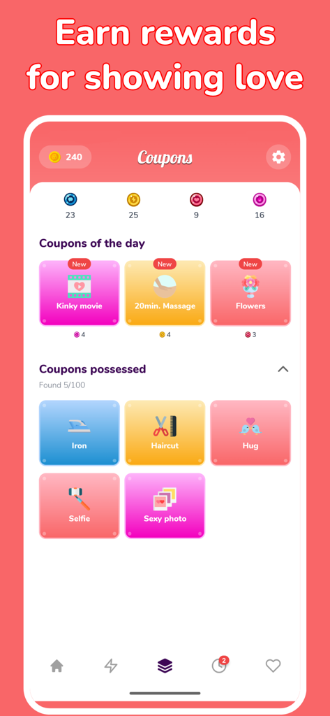 Una captura de pantalla de la aplicación Honi que muestra una selección de cupones digitales y recompensas para parejas