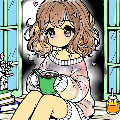 cute anime girl reading book and drinking hot chocolate from mug with loose wavy hair wearing a baggy sweatshirt and shorts sitting by windowsill looking out