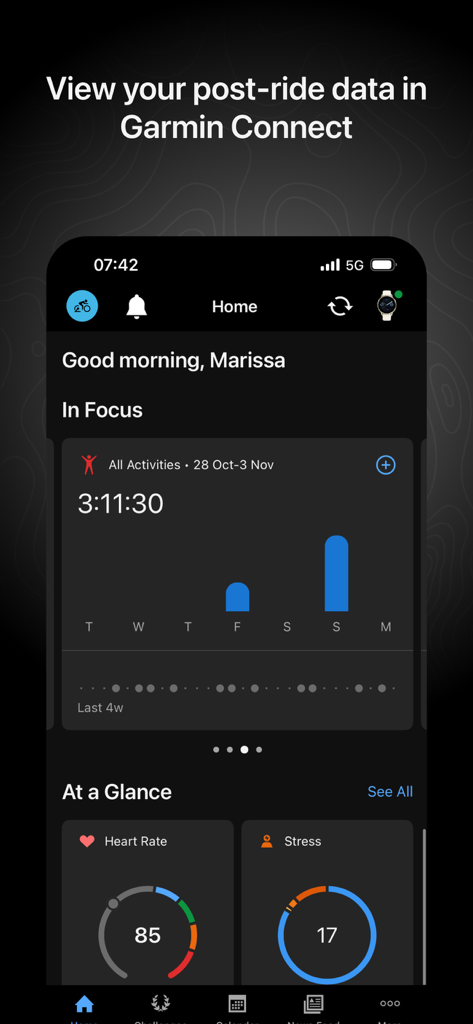 Tacx Training™ - Garmin Connect dashboard showing post ride activity summary heart rate and stress levels