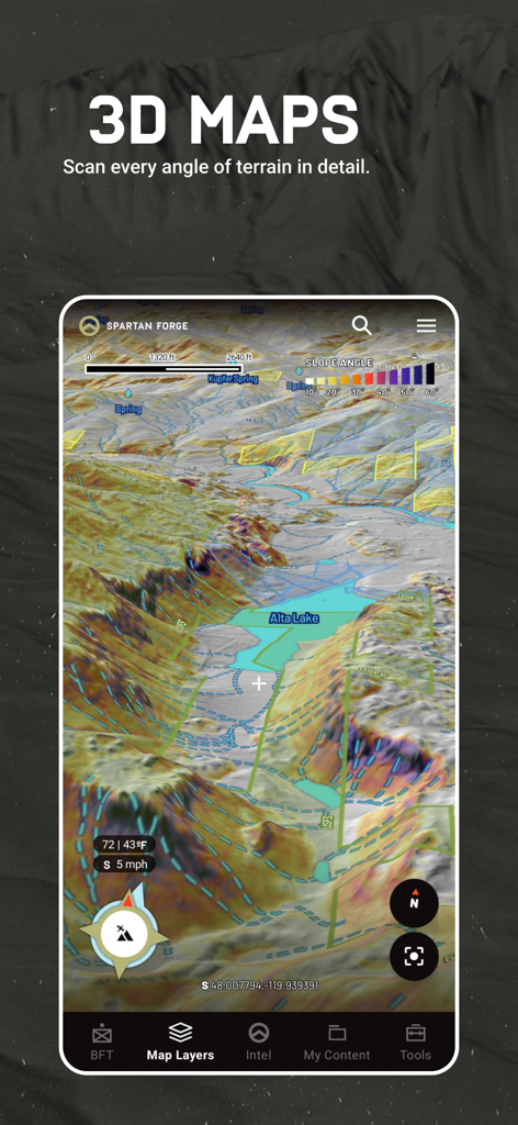 High-resolution 3D LiDAR terrain map on the Spartan Forge hunting app showing slope angles and land details.