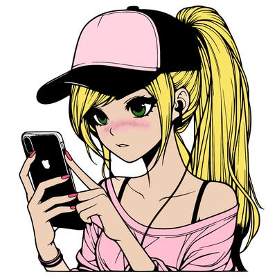realistic girl with a long ponytail and trucker hat holding an iphone