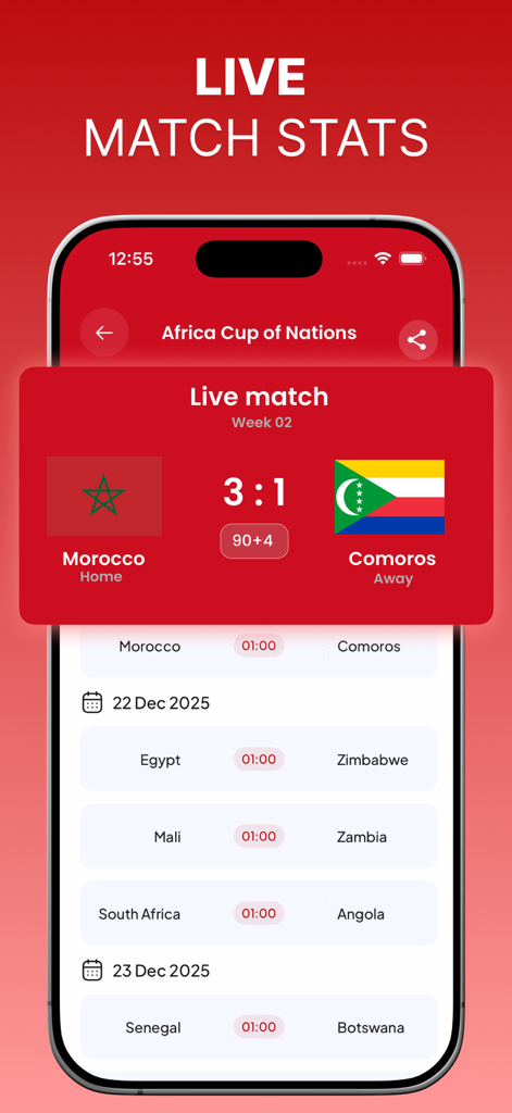Yacine Live Score TV Player - Yacine Live Score App-Oberfläche mit Fußballergebnissen und bevorstehenden Spielplänen.