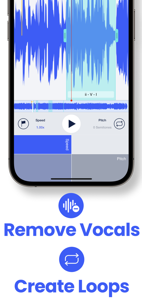 Speed Changer | Transcribe+ - Transcribe plus app interface showing audio waveform and tools for vocal removal and creating loops