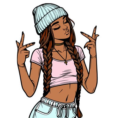 realistic teenage girl with braids and a beanie and crop top doing 🫶🏼