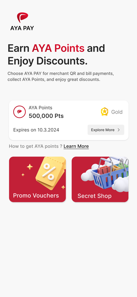AYA PAY Wallet loyalty program interface showing gold membership and earned points