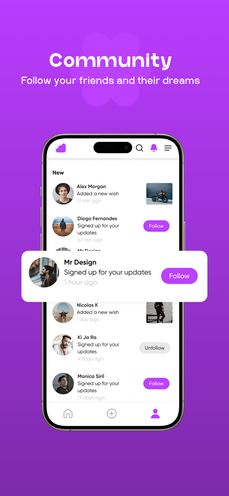 Rewish - Rewish app community screen showing a social feed of friends wishlist updates and follow activity.