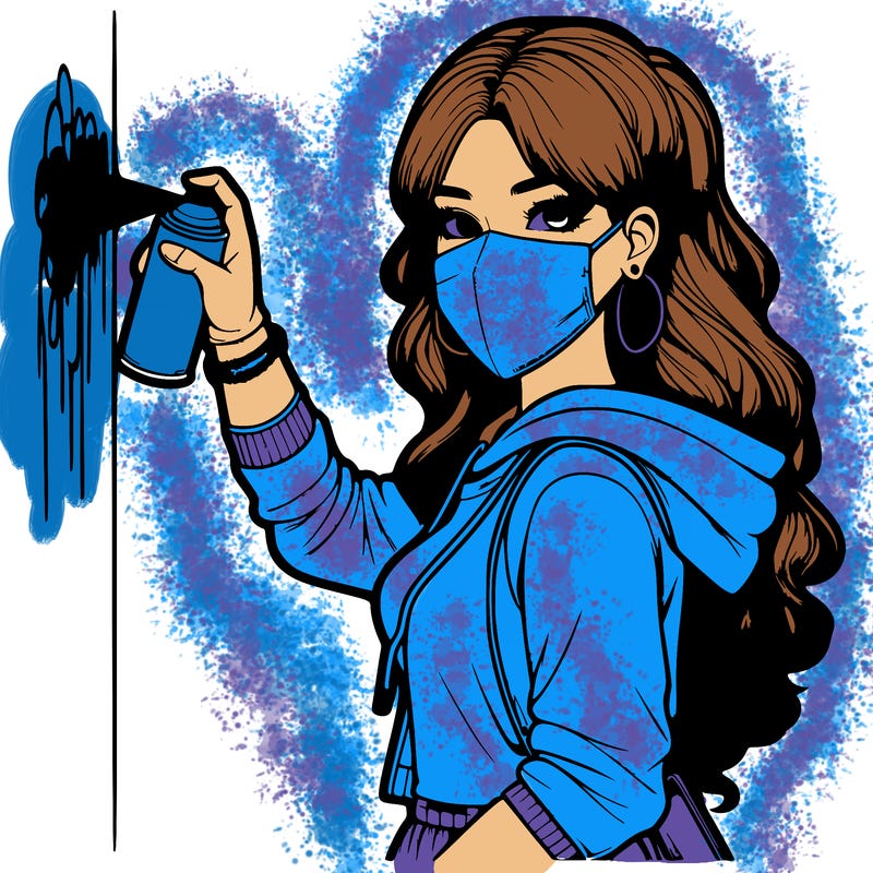 realistic girl with mask spray painting a wall
