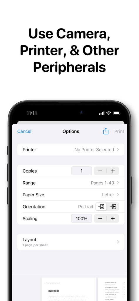 WebFrame Pro Kiosk app print options and peripheral device settings interface on iPhone