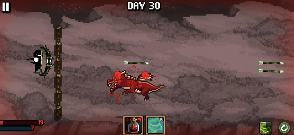 A pixel art hero defending a wall from a red dragon in Days Bygone Castle Defense