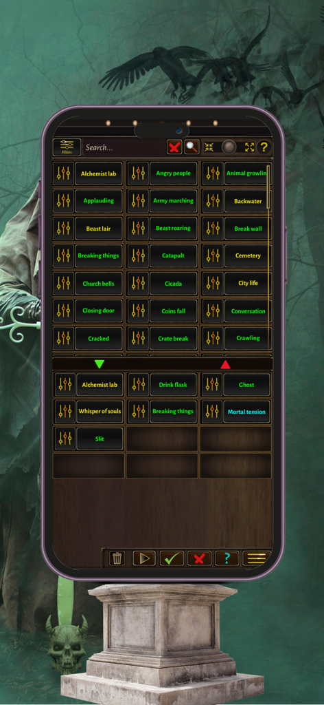 RPG Master Sounds Mixer - テーブルトップゲームの様々なサウンドエフェクトを備えたサウンドボードを表示するRPG Master Sounds Mixerのモバイルアプリインターフェース