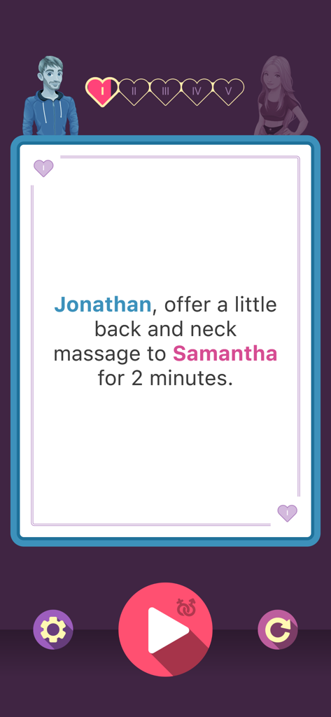 Couple Game : Spicy Challenges - Captura de pantalla dentro de la aplicación de un reto romántico para parejas en el Nivel 1.