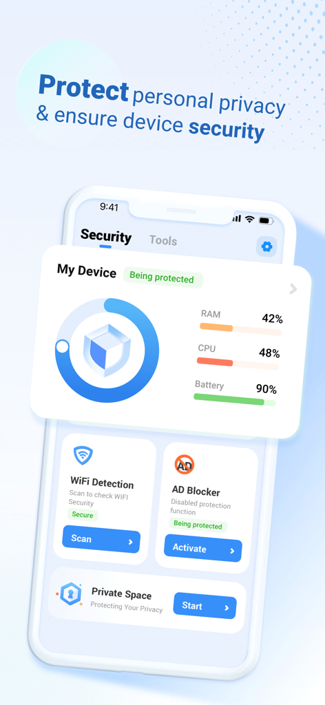 Tableau de bord de l'application AI Security montrant l'état de protection de l'appareil, la détection Wi-Fi et les fonctionnalités de bloqueur de publicités