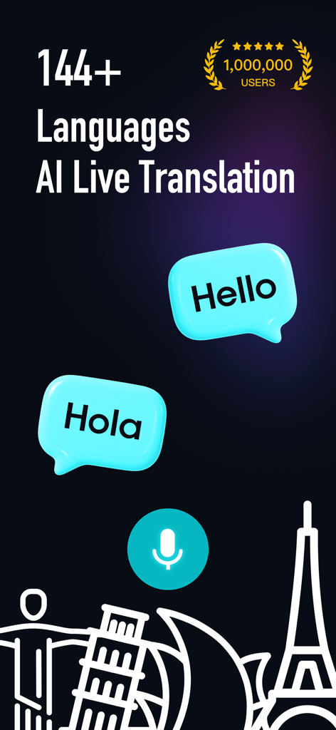 Interfaz de la aplicación BitDynamic destacando la traducción en vivo con IA en más de 144 idiomas con prueba social de un millón de usuarios