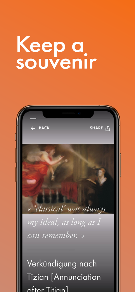 Fondation Louis Vuitton - Smartphone screen displaying a painting and quote within the Fondation Louis Vuitton app under the heading Keep a souvenir