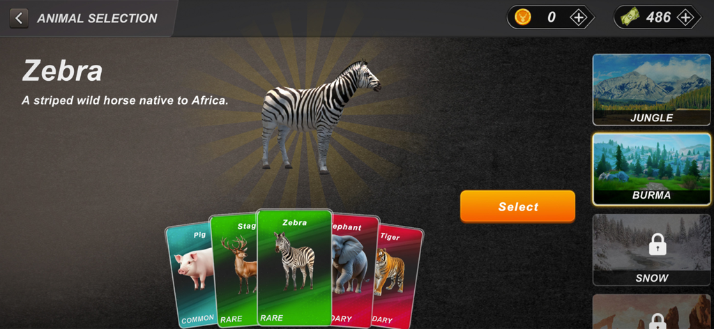 Wild Hunter Deer Hunting Games - Pantalla de selección de animales en Wild Hunter Deer Hunting Games mostrando una cebra y varias especies desbloqueables