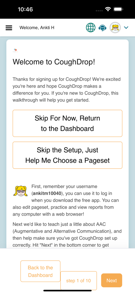 CoughDrop Pro - The initial welcome and onboarding screen for CoughDrop Pro AAC app.