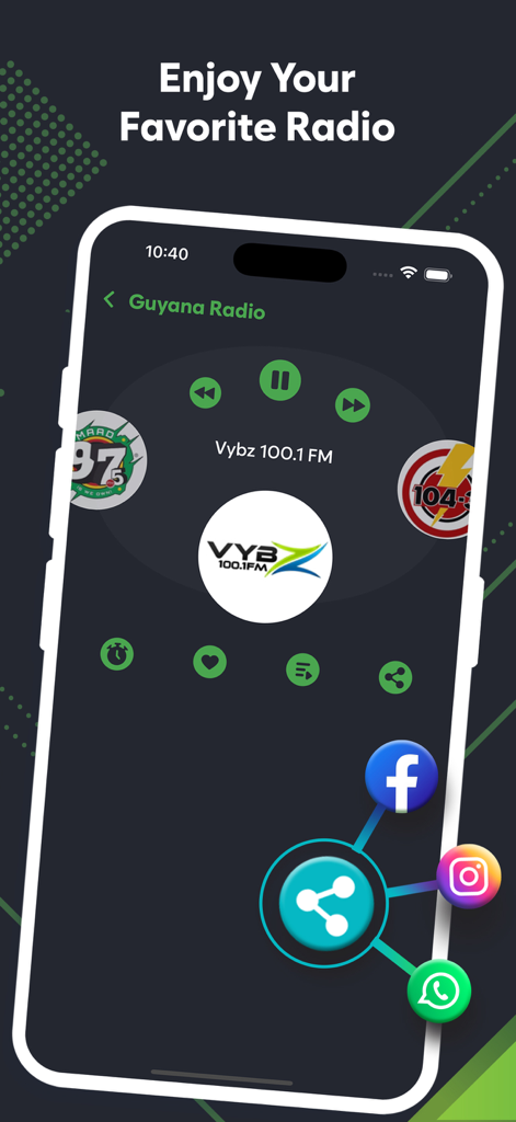 Live Guyana Radio Stations - Live Guyana Radio Stations app playback screen featuring Vybz 100.1 FM and social sharing options