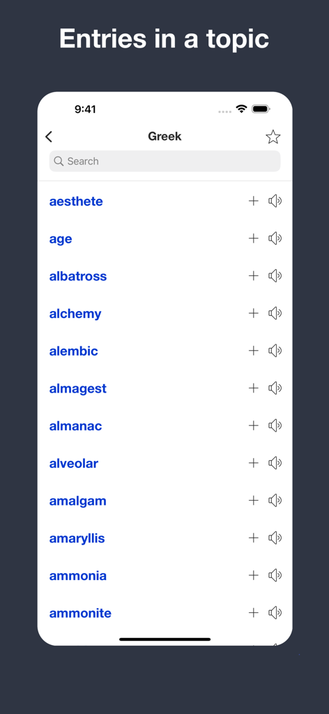 Modern English Etymology - Modern English Etymology app displaying a list of words derived from Greek origins