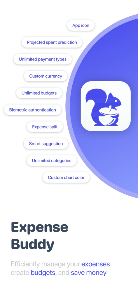 Expense Buddy Expense Manager - Promotional graphic for Expense Buddy showing the app icon and a list of features including spending predictions and unlimited budgets