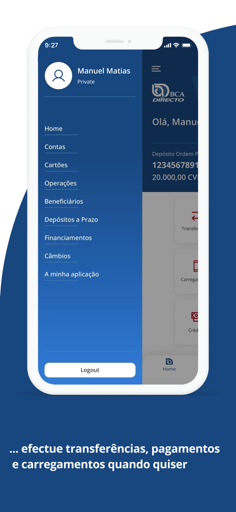 BCADirecto Mobile app side navigation menu with banking services