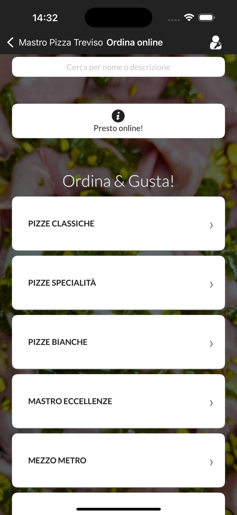 Mastro Pizza Treviso - Mastro Pizza Treviso app menu screen showing pizza categories